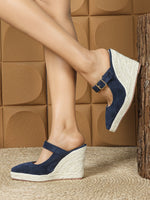 2025 Women's Sandals Spring Pointed Toe Wedge Heel Shoes Thick Soled High Heel Hollow Women's Shoes Straw Hemp