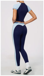 Nake Yoga Set Women's Tracksuit Color Contrast Short Sleeve Slim Sports T Shirts High Waist Leggings Fitness Clothes Gym Outfits