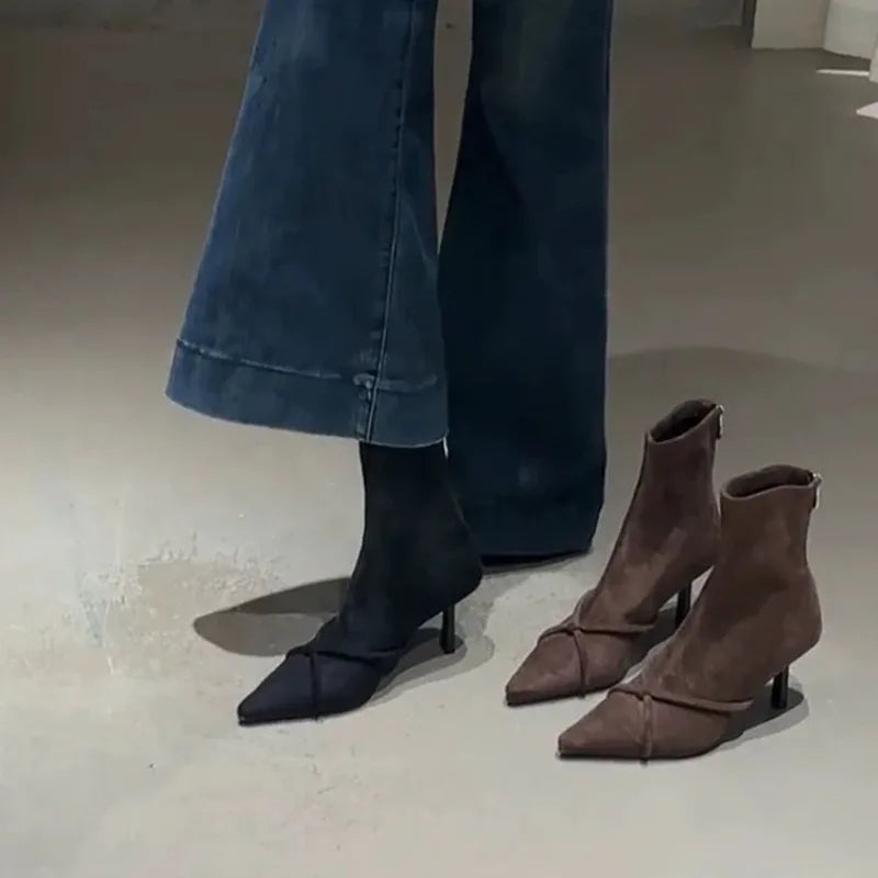Vintage Women Ankle Boots Fashion Pointed Toe Thin High Heels Shoes Party Prom Elastic Slim Botas Para Mujer 2025 New