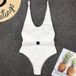 V Neck Ribbed High Leg Cut Women Swimwear One Piece Swimsuit Female Backless Monokini Bather Waist Belt Bathing Suit Swimwear