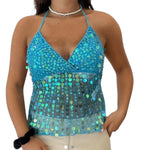 Women's Halter Neck Vest Summer Sleeveless Open Back Slim Fit Tie Up Sequins Tank Tops