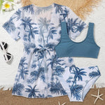 Girls 3pack Heart Print Cross Wrap High Waist Bikini Kids Swimsuit&Kimono 7-12 Years Children's Swimwear 2024 Teens Bathing Suit