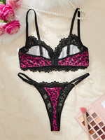 Hot girl rose pink leopard print patchwork lace lingerie set - sexy net fabric 3/4 cup shaping bra thong set ZA825182