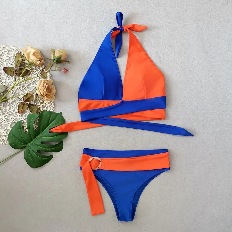 Solid Color Patchwork Bikini Set Adjustable Waist Belt 2 Piece Swimsuit for Women V-neck Halter Backless Beach Bathing Suit 2026