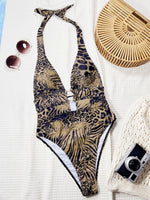 DEKA Metal Ring Deep V Neck Swimwear Tie Dye Cut Out One Piece Swimsuit Women Female Monokini High Leg Cut Bather Bathing Suit