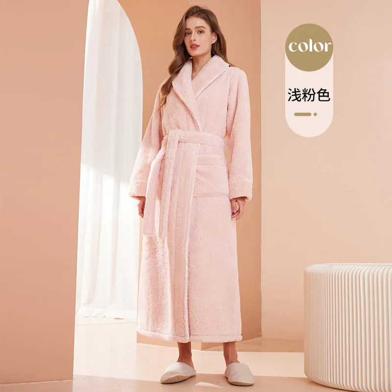 Thick Cozy Fleece Couple Bathrobe, Men Women Long Warm Loungewear, Autumn Winter Flannel Plus Size Robe Pajamas