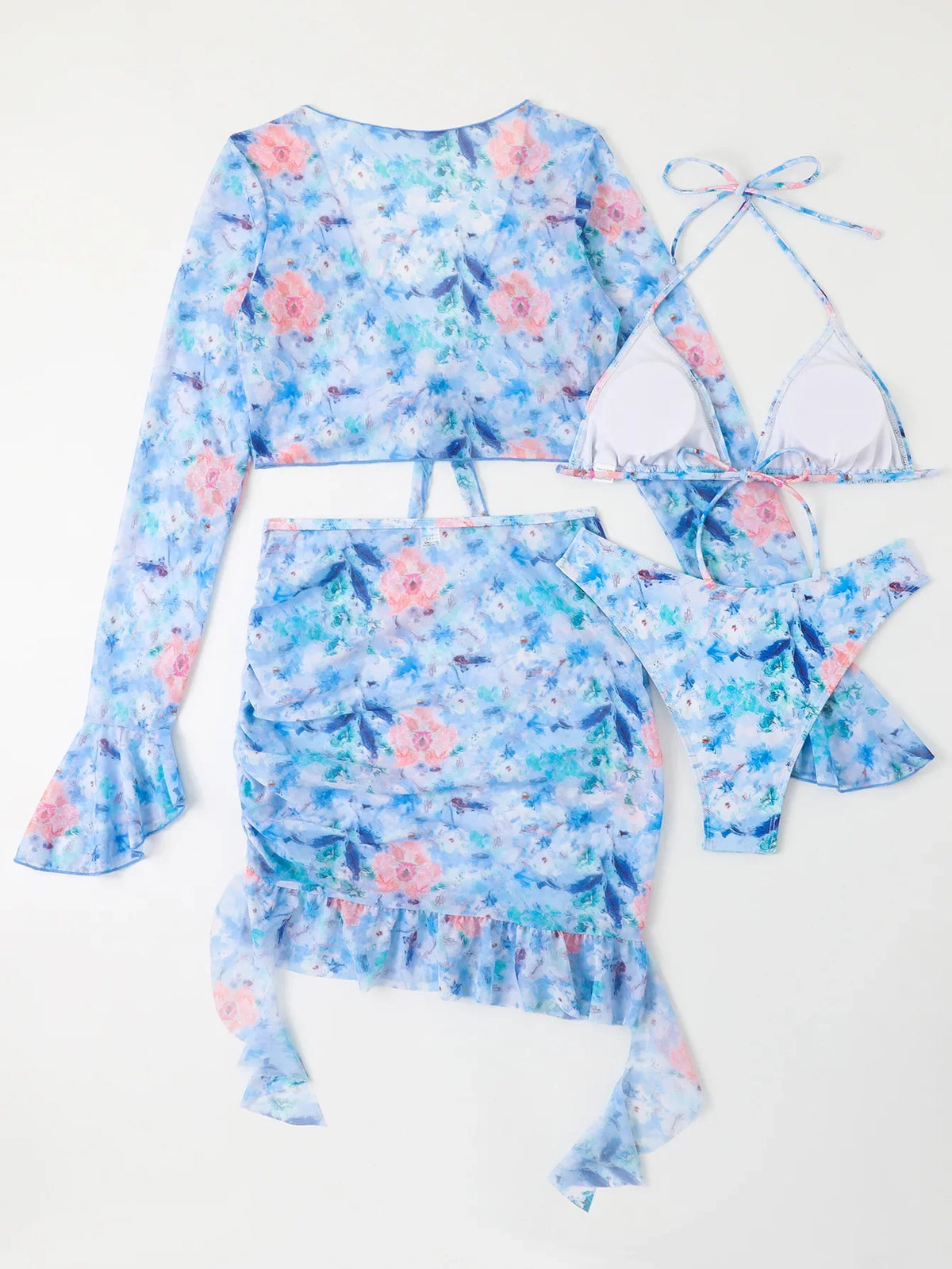 Sexy Floral Print Ruffle Bikini 2026 Women 4 Pack Swimsuit Brazilian Swimwear Female Beachwear Thong Bathing Suit Beach Cover-Up