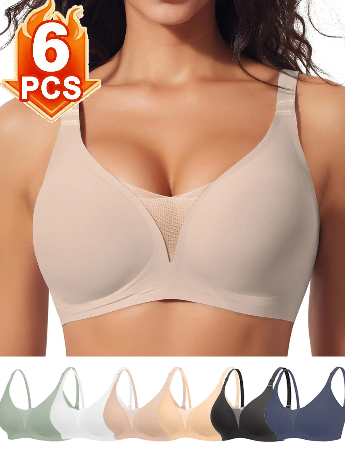 6pcs Women’s Bra Panties Everyday Wireless Push Up Lingerie Soft Briefs Seamless Bralettes, Breathable Padded Comfort Underpants