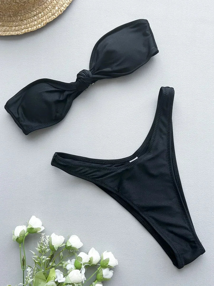 Sexy Front Tie Bow Bikini Set Women Black Bandeau Push Up Bra Micro Swimsuit 2024 Beach Bathing Suit Thong Swimwear Biquini