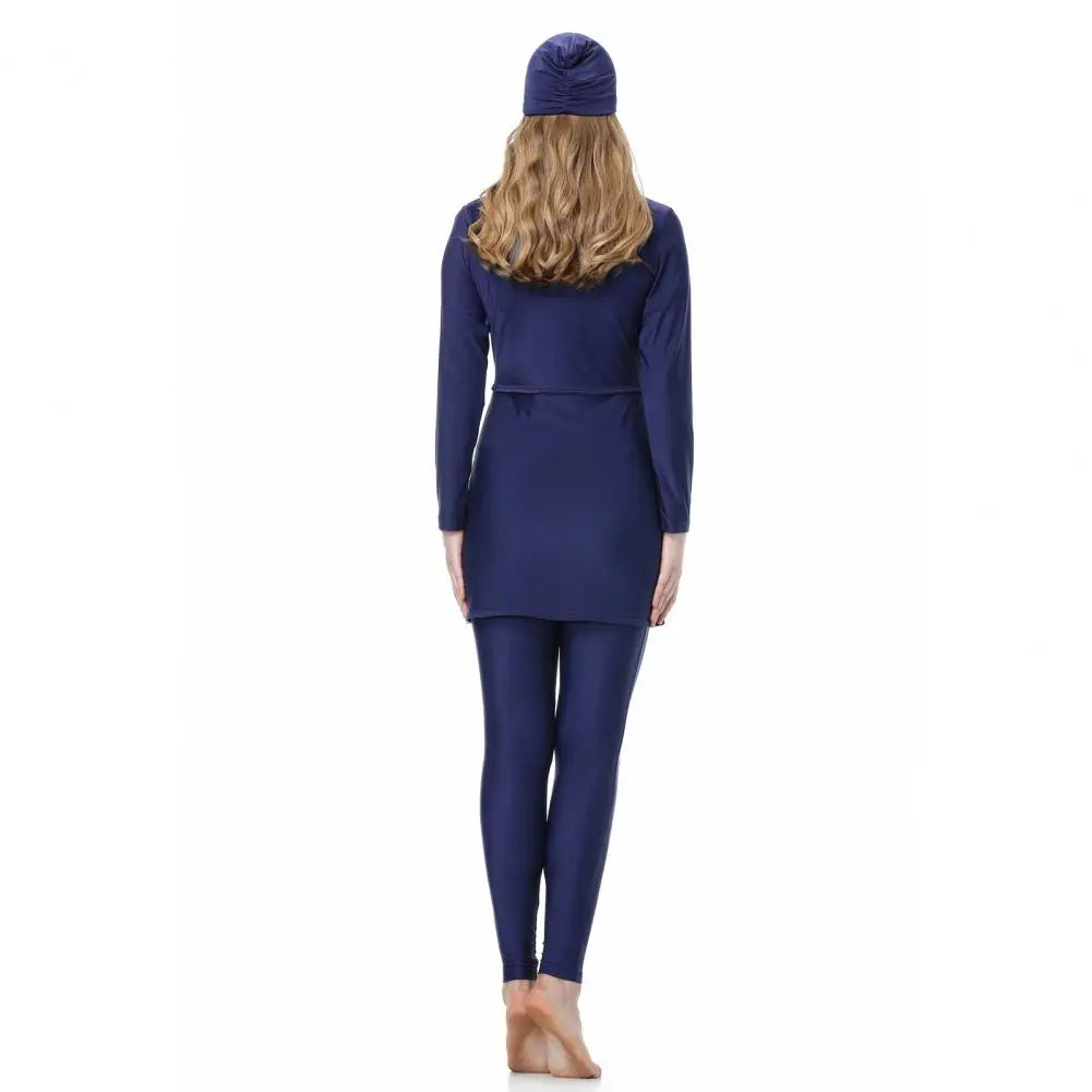 3Pcs/Set Women Split Swimsuit Front Skirt Secure Zipper Closure UV Protection Tops Long Swimming Trousers Set With Headscarf