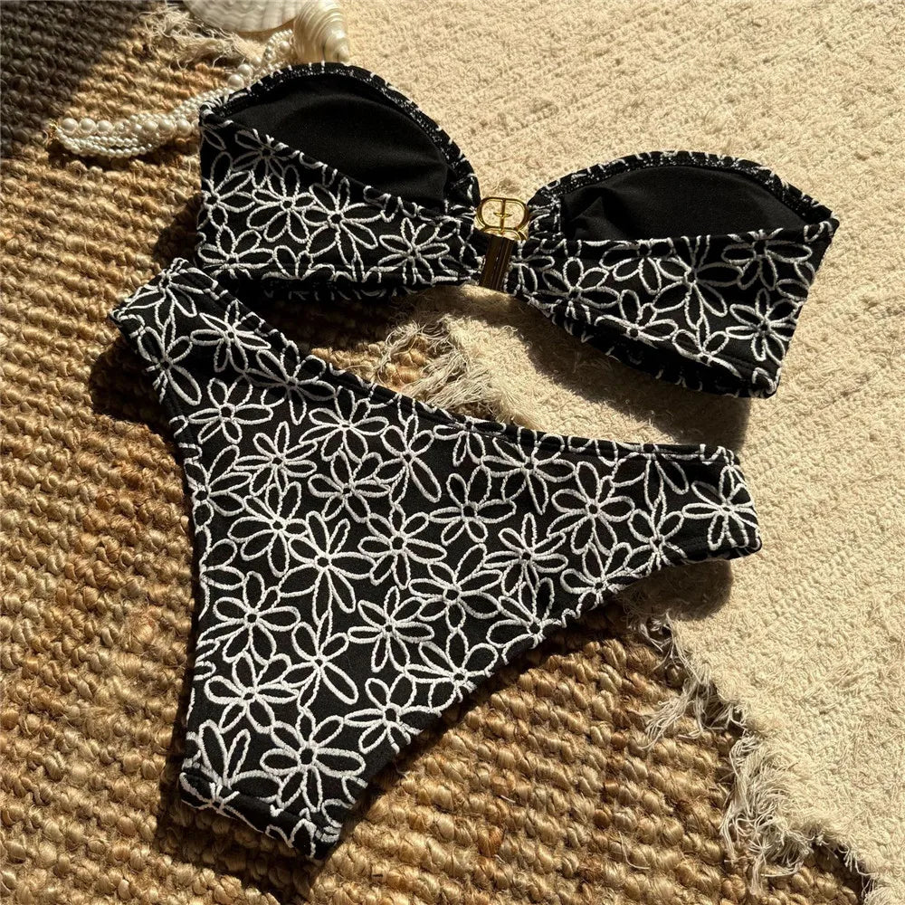 Flower Embroidery Bandeau Bikinis Sets Woman 2026 Metal Buckled Sexy Swimsuit Women High Cut Bathing Swimming Suit Bikini Mujer