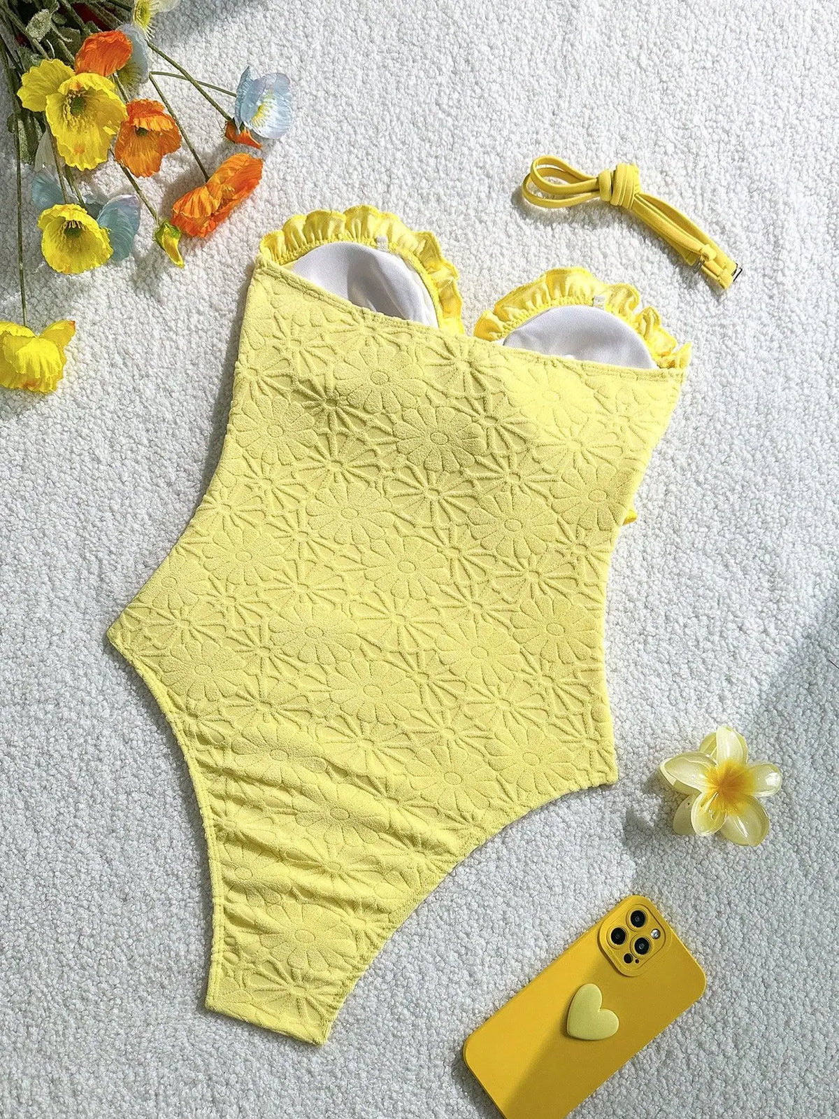 Vintage Front Bow One Pice Swimsuit 2026 Women Sexy Yellow Ruffles Push Up Slim Fit Tummy Control Swimwear Holiday Bathing Suits
