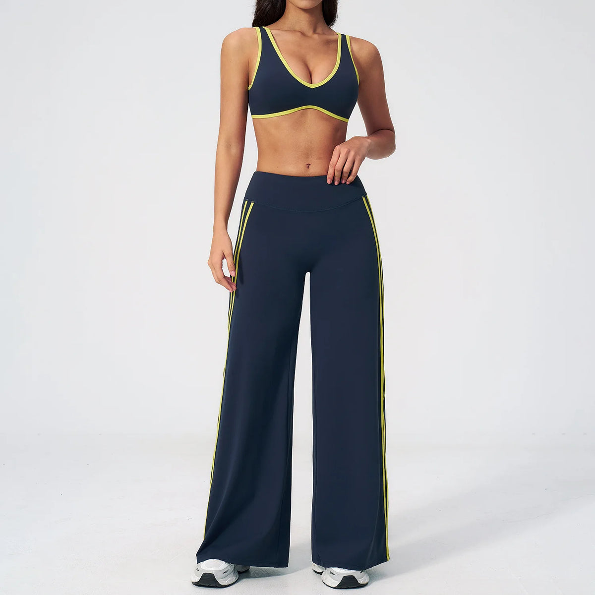 Women's Tracksuit Color Blocked Yoga Sets V Neck Sports Bra High Waist Flare Pants Fitness Suit Outdoor Running Workout Clothes