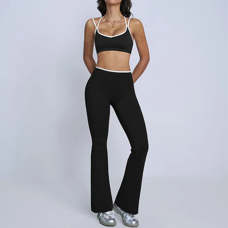 Tight Naked Yoga Shorts Suit Women Double Strap Sports Bra High Waist Flare Leggings Fitness Suit Gym Running Workout Clothes