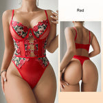 Sexy Bodysuit Rose Embroidery Red Mesh Bodycon Sleeveless Jumpsuit V-Neck See Through Sexy Lingerie Backless Teddy's Bodysuit