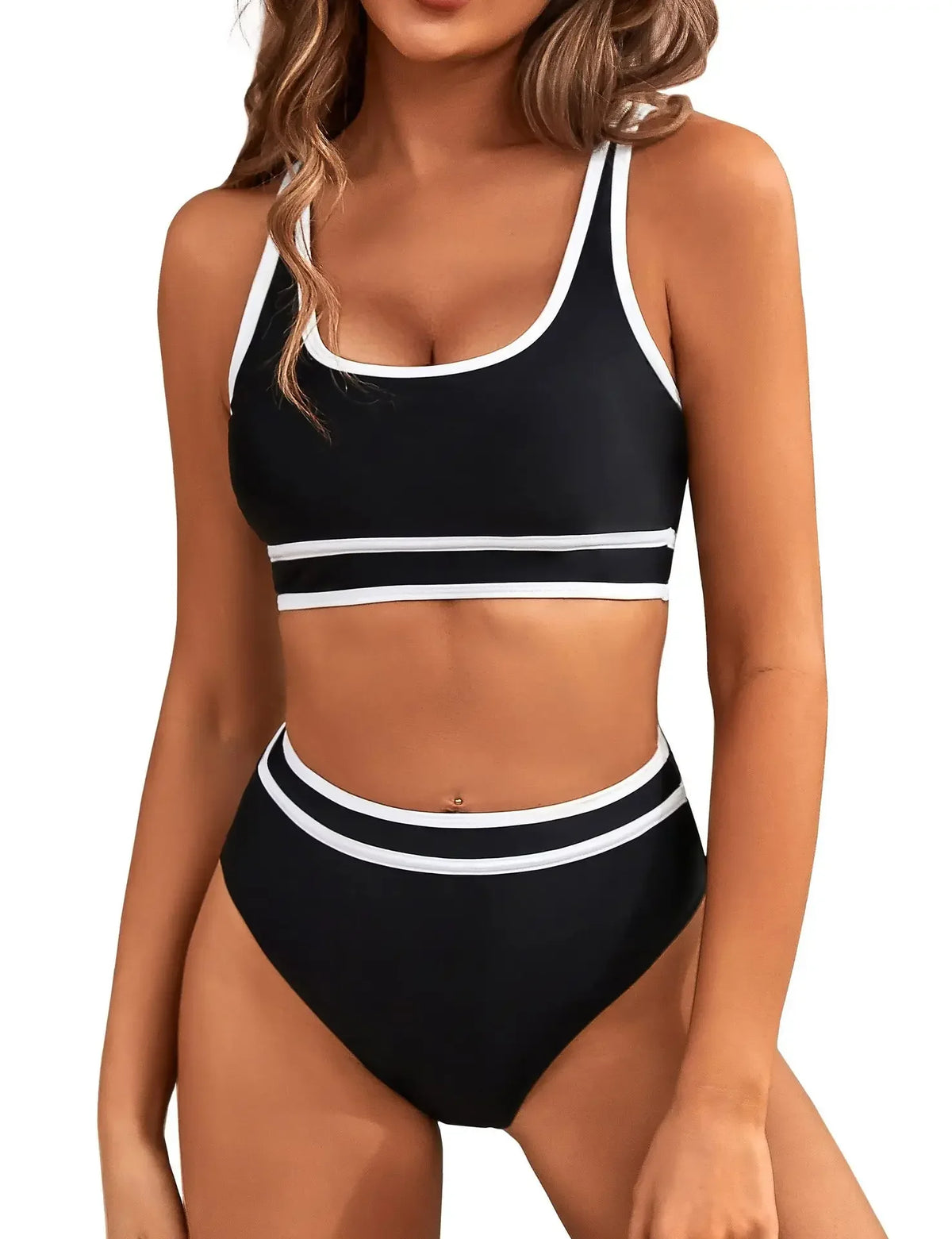 Women's High Waisted Bikini Sets 2026 Sporty Two Piece Swimsuits Color Block Cheeky High Cut Bathing Suits Summer Biquini Black