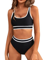Women's High Waisted Bikini Sets 2026 Sporty Two Piece Swimsuits Color Block Cheeky High Cut Bathing Suits Summer Biquini Black