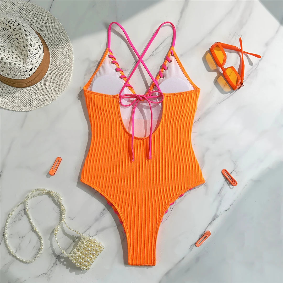 5 Colors V Neck Ribbed Cross Back One Piece Swimsuit Women Swimwear Female High Leg Cut MonokiniBather Bathing Suit Swim V6278