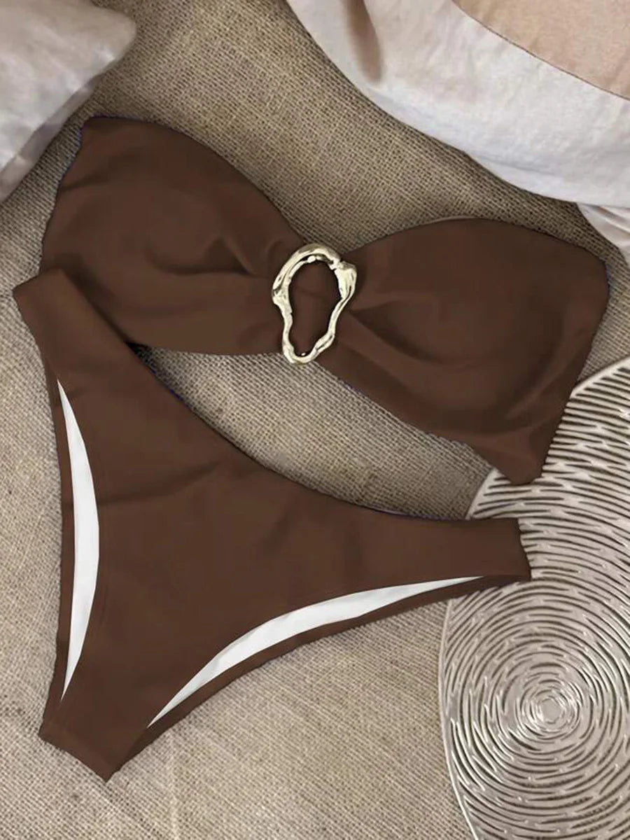 XS - L Metal Ring Bandeau Bikini Women Swimwear Female Swimsuit Two-pieces Bikini set Brazilian High Cut Bathing Suit Swim Lady