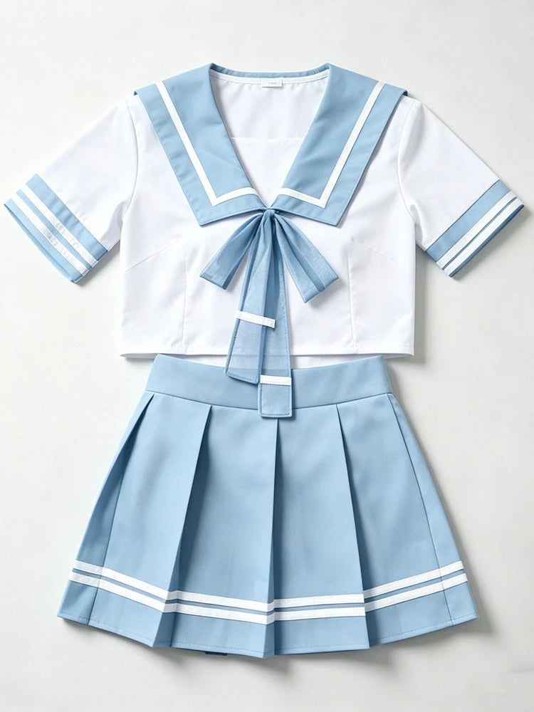 Women Sailor Collar Two-Piece Set Navy White Bow Decor Chiffon Fabric Casual Homewear Cosplay Costumes Daily Party Themed Event