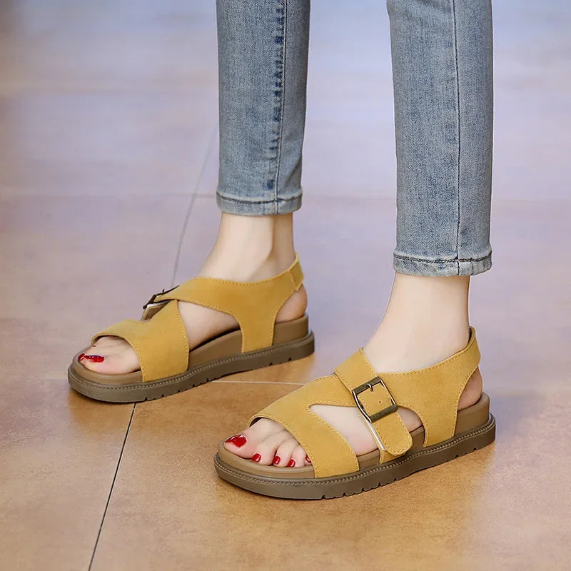 Women Sandals Summer New Solid Color Open Toe Flat Casual Slippers Buckle Fashion Outdoors Beach Sandals Sandalias De Mujer