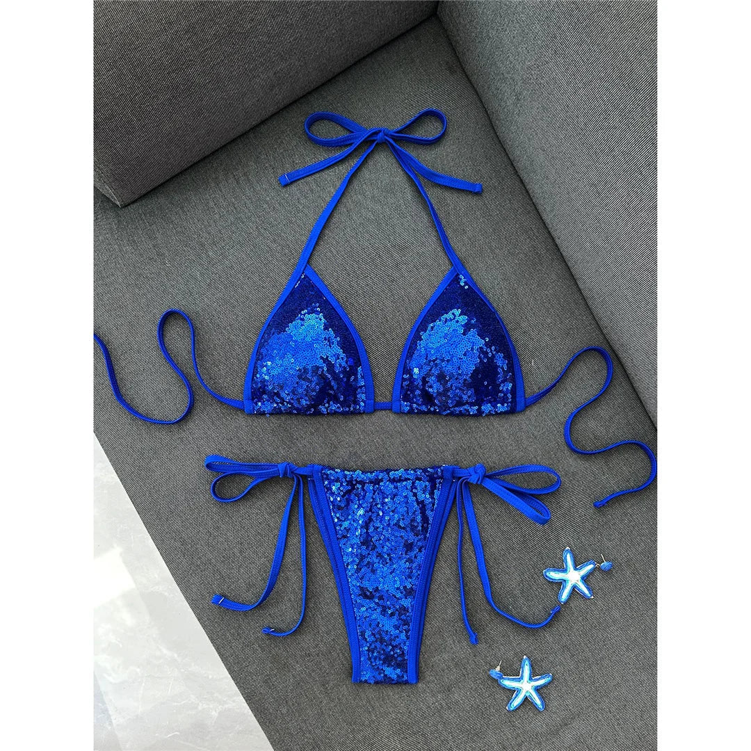 Sequins Halter Bikini Female Swimsuit Women Swimwear Two-Pieces Bikini Set High Cut Leg Padded Bather Bathing Suit Swim V8302