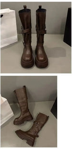 2026 New Vintage Thick Bottom Woman Knee High Boots Fashion Belt Buckle Zippers Shoes Female Knight Long Booties Shoes