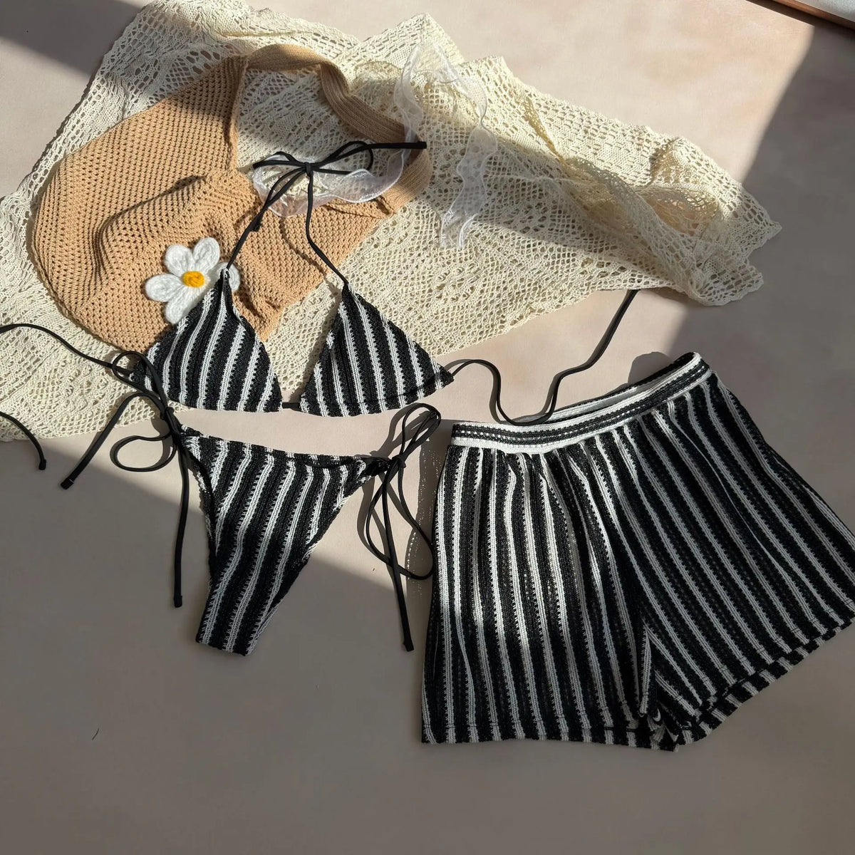 Sexy Green Orange Striped Bikini Set Women Halter Push Up High Waist Panties 3 Piece Swimsuit 2026 Summer Bathing Suit Swimwear
