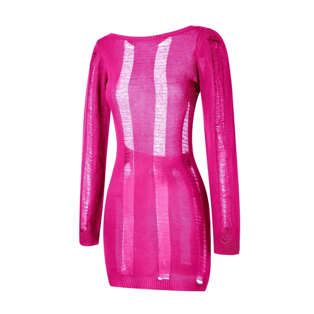 Women Autumn Ripped Knit Dress Long Sleeve Backless Bodycon Mini Dress Summer Fall Club Sexy E-Girl Dresses Female