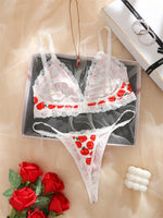 Women's Cute Apple Print Lingerie Set Wireless Triange Bra&Thong 2 PCS Bralette Sets Sweet Fruit Pattern Intimate Lace Underwear