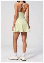 Women Tennis Dress with Shorts Pocket Square Neck Hollow Back Sleeveless One Piece Sports Outfit Fitness Pleate Mini Dresses