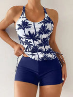 High Waist Swimwear Women 2025 New Two Pieces Swimsuit with Shorts Coconut Palm Print Tankini Set Summer Bathing Suit Trunks