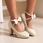 Spring and Autumn New Style Fashion Round Head High-heeled Women's Shoes Sweet Bow Shallow Mouth Buckle Thick Heel Women Shoes