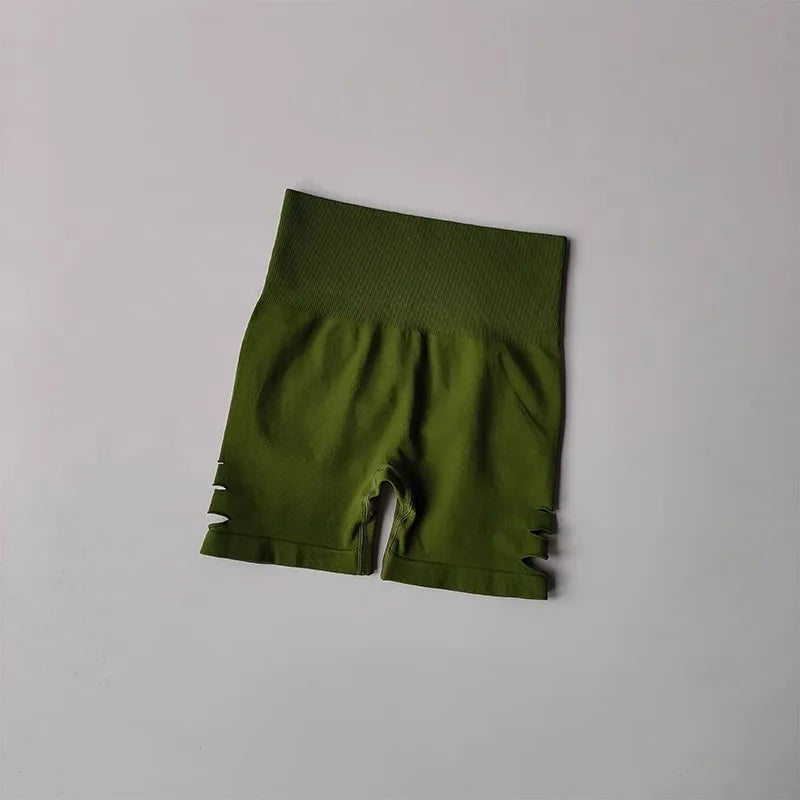 Women's yoga fitness shorts, peach hip lifting sexy perforated elastic breathable sports three quarter high waist yoga short