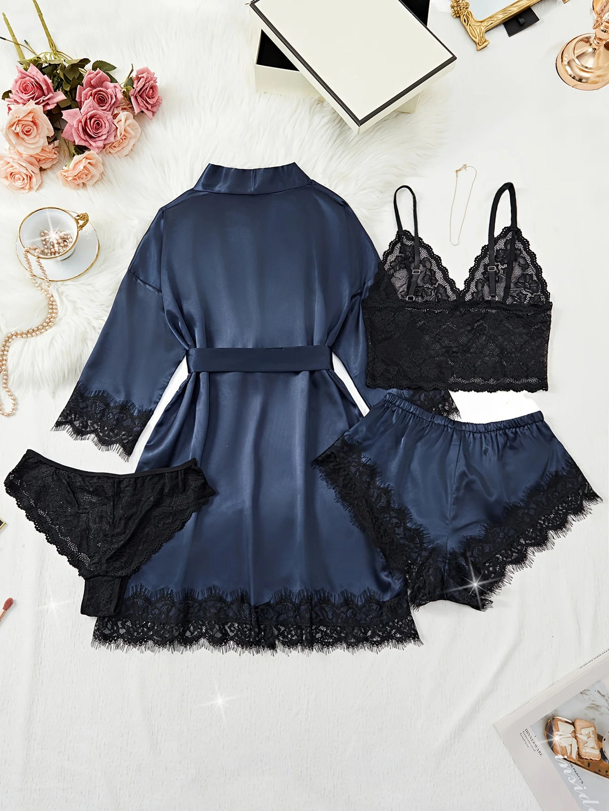 New Fashion Robe Lingerie Set Black Lace Bralette Thong Shorts Women's Luxury Sleepwear Nightwear Elegant Sexy Gift Bridal