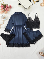 New Fashion Robe Lingerie Set Black Lace Bralette Thong Shorts Women's Luxury Sleepwear Nightwear Elegant Sexy Gift Bridal