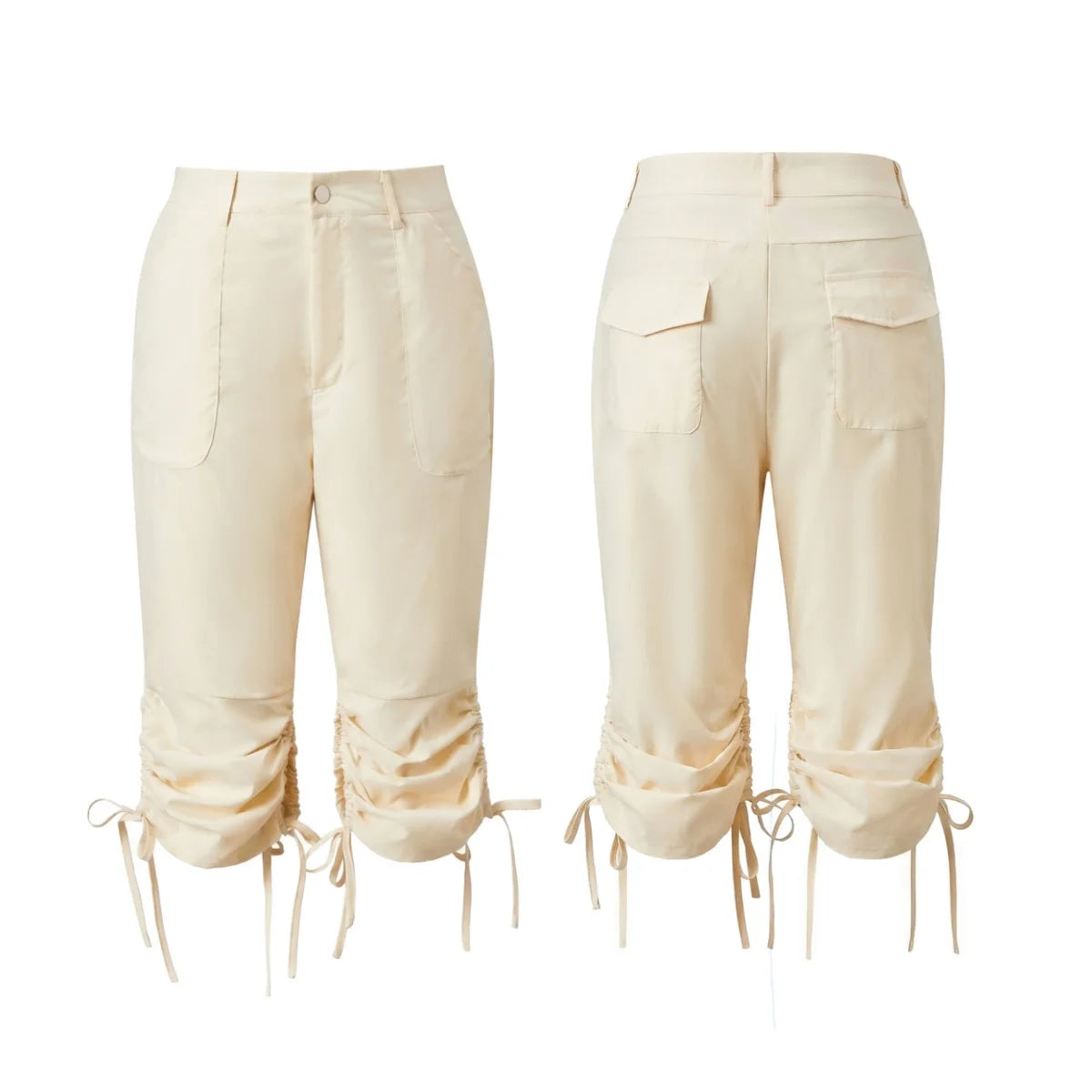 Fashion Women's Capri Pants High Waist Drawstring Cuff Cropped Trousers Solid Color Casual Pockets Cargo Calf-length Pant Summer
