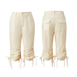 Fashion Women's Capri Pants High Waist Drawstring Cuff Cropped Trousers Solid Color Casual Pockets Cargo Calf-length Pant Summer
