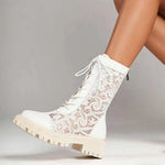 2026 New Big Size 45 Chic Black Lace Mesh Summer Boots Women Round Toe Square Heels Shoelace Zip-up Mid-calf Boots Shoes