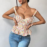 Spring Summer Lace Up Pink Floral Print Fishbone Corset with Folded Waist Ruffled Edges Cotton Suspender Vest for Women 2026