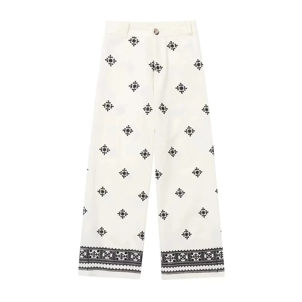 Foridol Geometric Embroidery Wide Leg Spring Summer Women Beige Long Pants Zip Fashion Trousers Pantalones De Mujer Autumn Pants