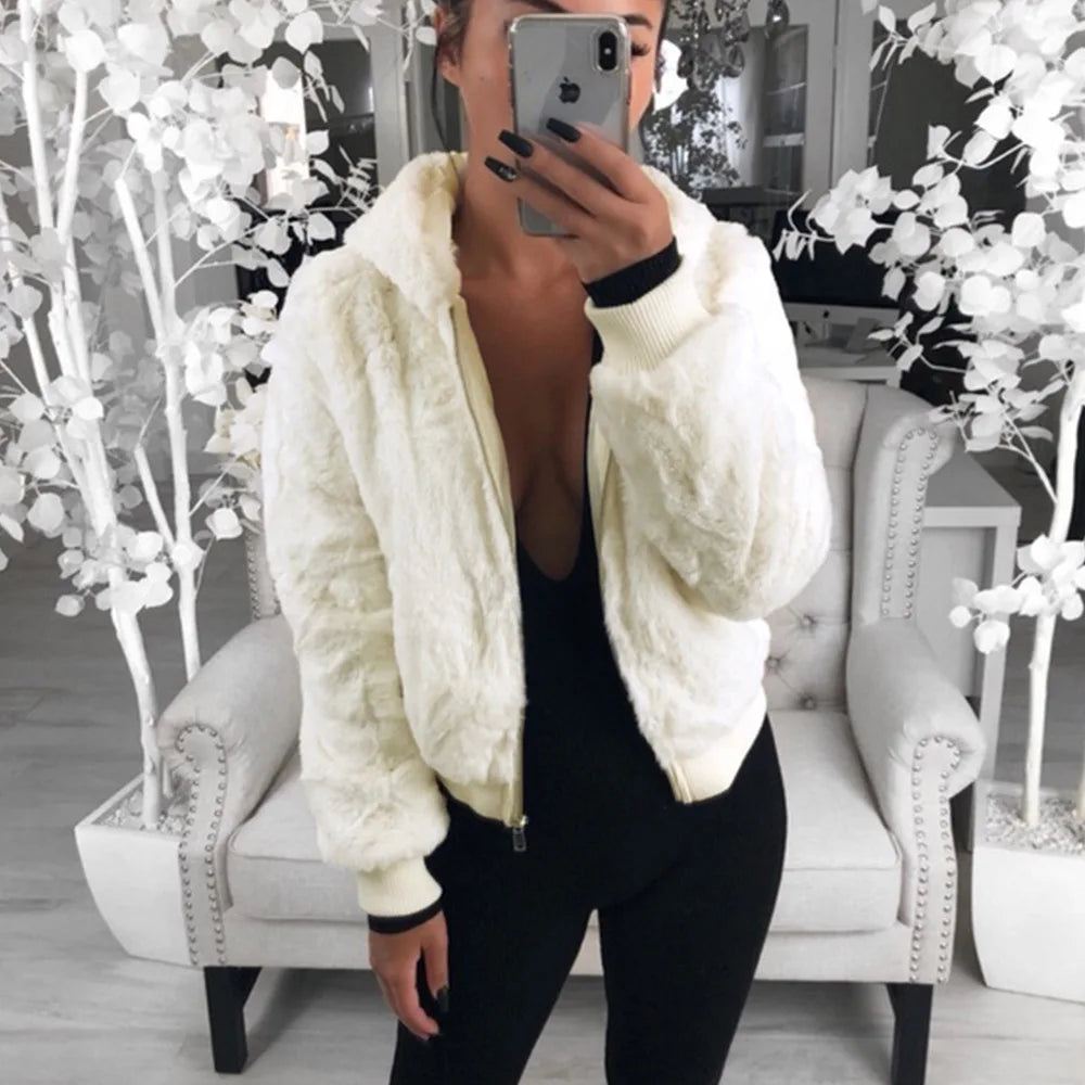 Phantasy Women's Hoodies Women Clothing Streetwear New Style Fashion Hooded Imitation Fur Plush Coat Solid Color Jacket Female
