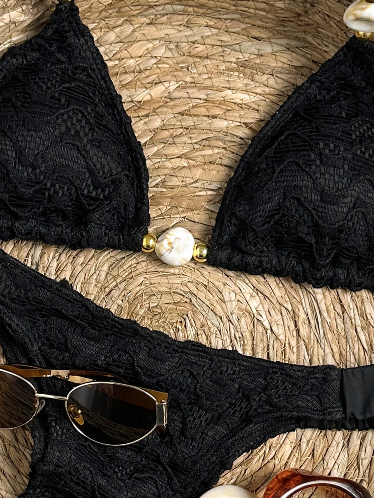 Sexy Beige Black Micro Bikini Set 2026 Women Pearls Strap Push Up Bra Pleate Thong Swimsuit Beach Bathing Suit Holiday Swimwear