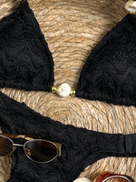 Sexy Beige Black Micro Bikini Set 2026 Women Pearls Strap Push Up Bra Pleate Thong Swimsuit Beach Bathing Suit Holiday Swimwear