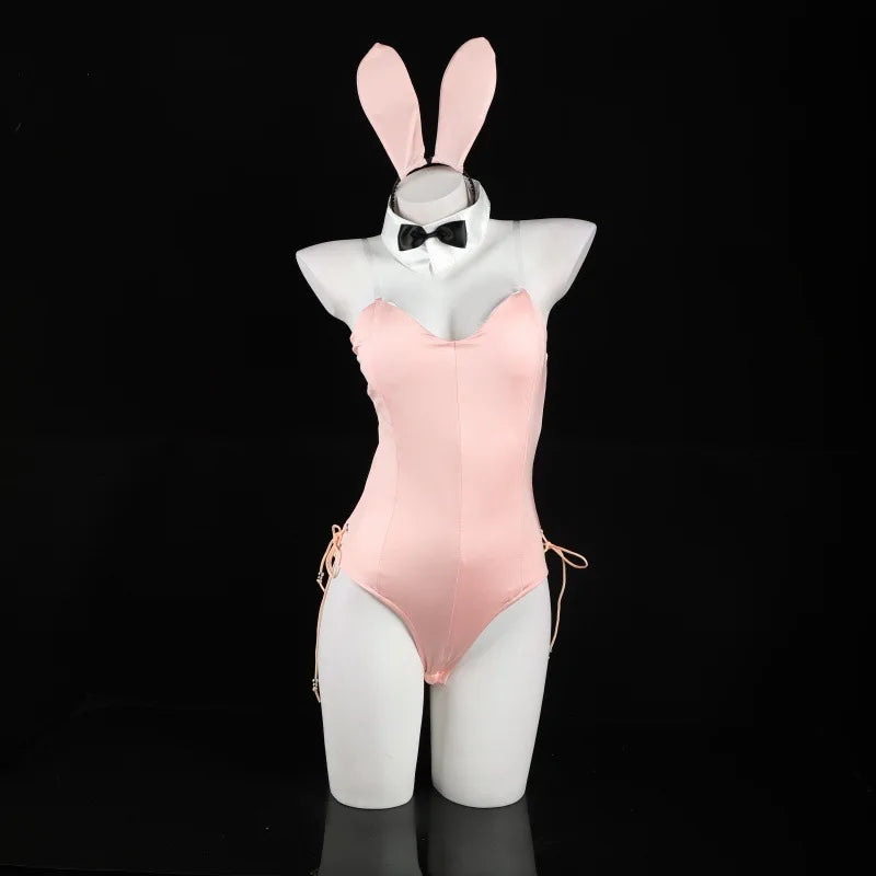 Bunny Girl Costume Women Sexy Cosplay Lingerie PU Faux Leather Bodysuit with Tie Headband Set Kawaii Rabbit Suit Uniform