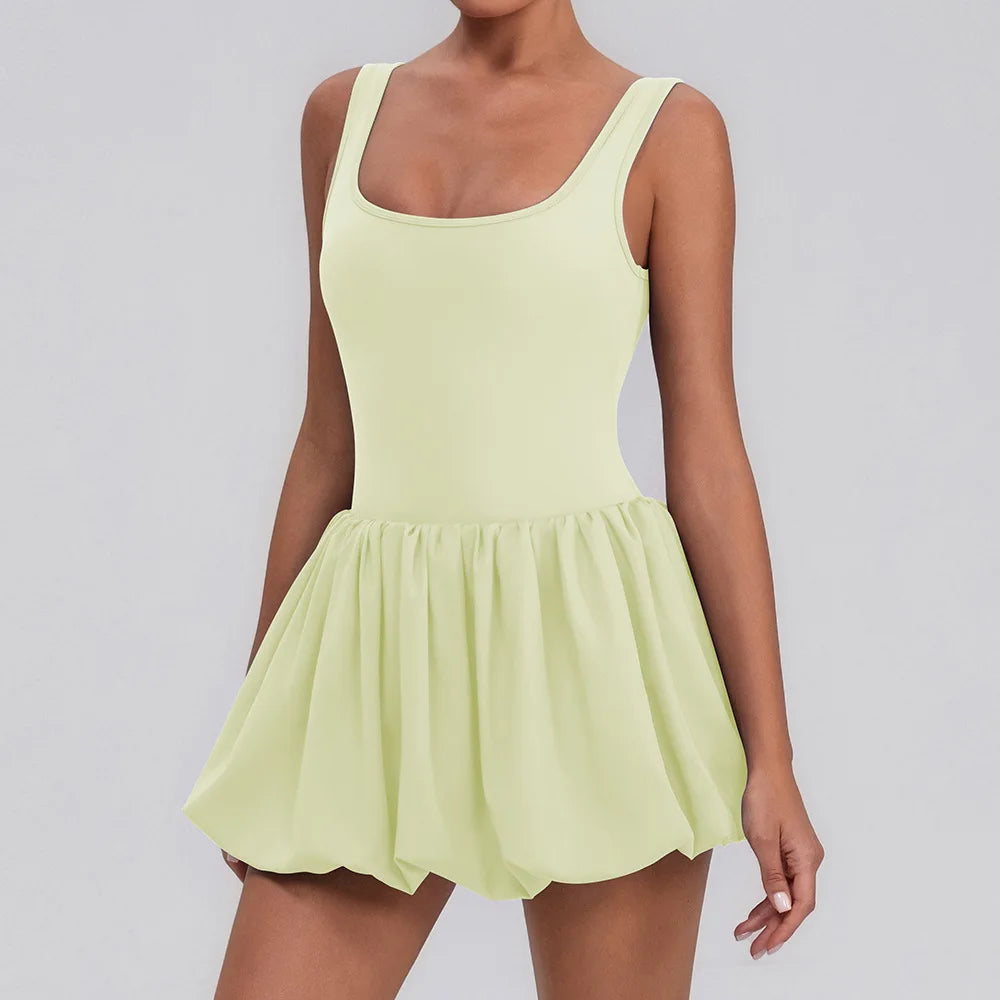 Summer One-piece Tennis Dress Women Fitness Fake Two-piece with Inner Separate Shorts Pockets Sleevesless Sports Pleated Skirt