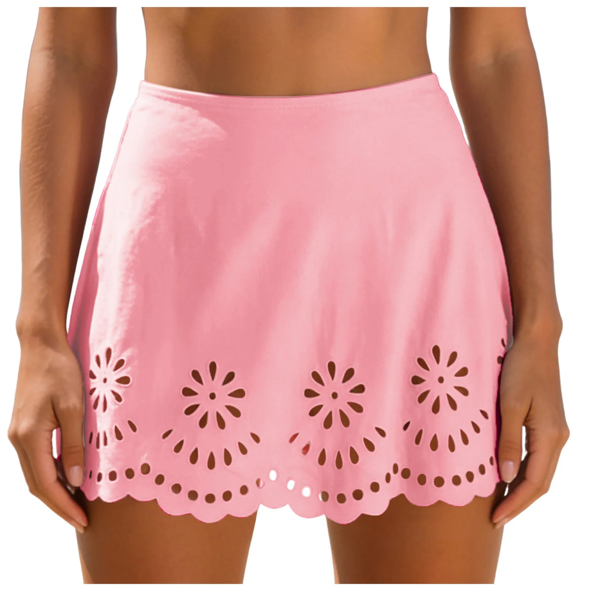 Women Solid High Waist Swim Skirts Hollow Out Floral Cutout Scalloped Hem A Line Bikini Cover Up Skirt Vacation Pool Beachwear