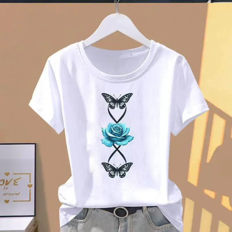 Summer 2026 Pure Cotton Women's T-shirts Print Various Beautiful Flowers Tops For Women Home Daily Loose And Slimming Design Top