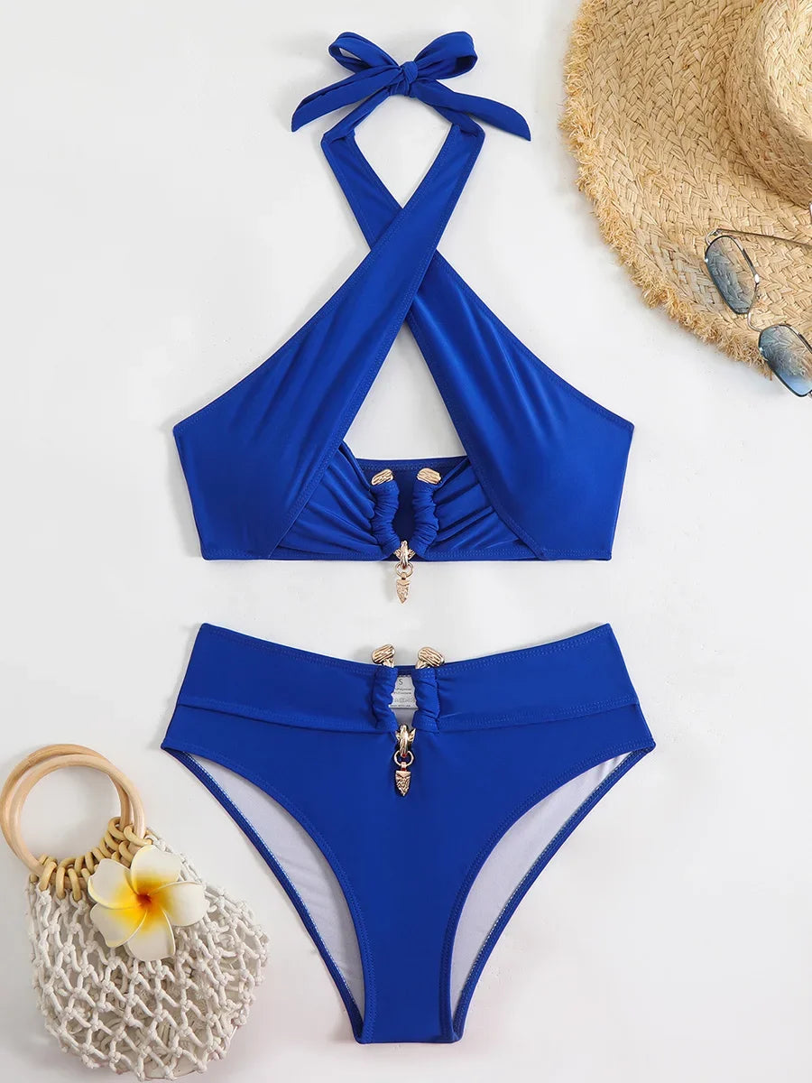 Halter Cut Out High Waist Bikini Female Swimsuit Women Bandeau Swimwear Two-pieces Bikini set Bather Bathing Suit Swim Beachwear