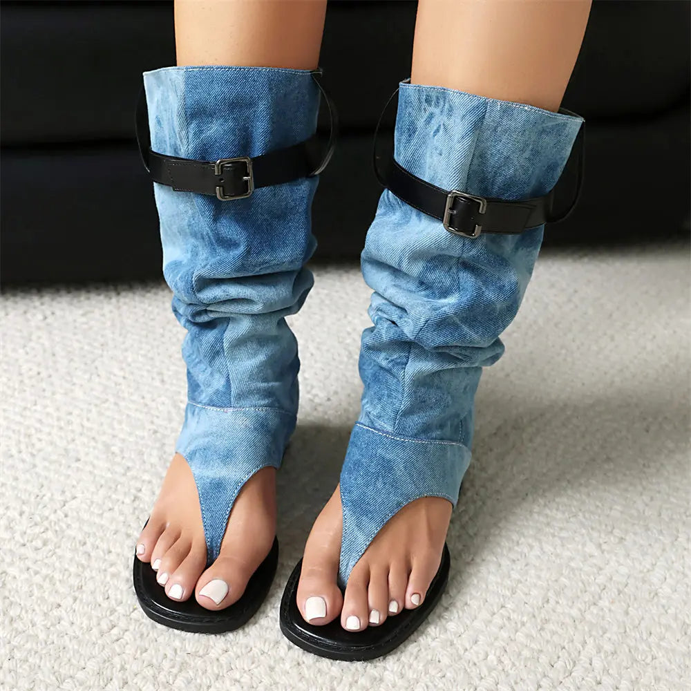 2025 Brand Plus Size 48 Trendy Denim Blue Gladiator Sandals Women Chic Black Chunky HeelsFashion Comfy Walk Summer Boot Shoes